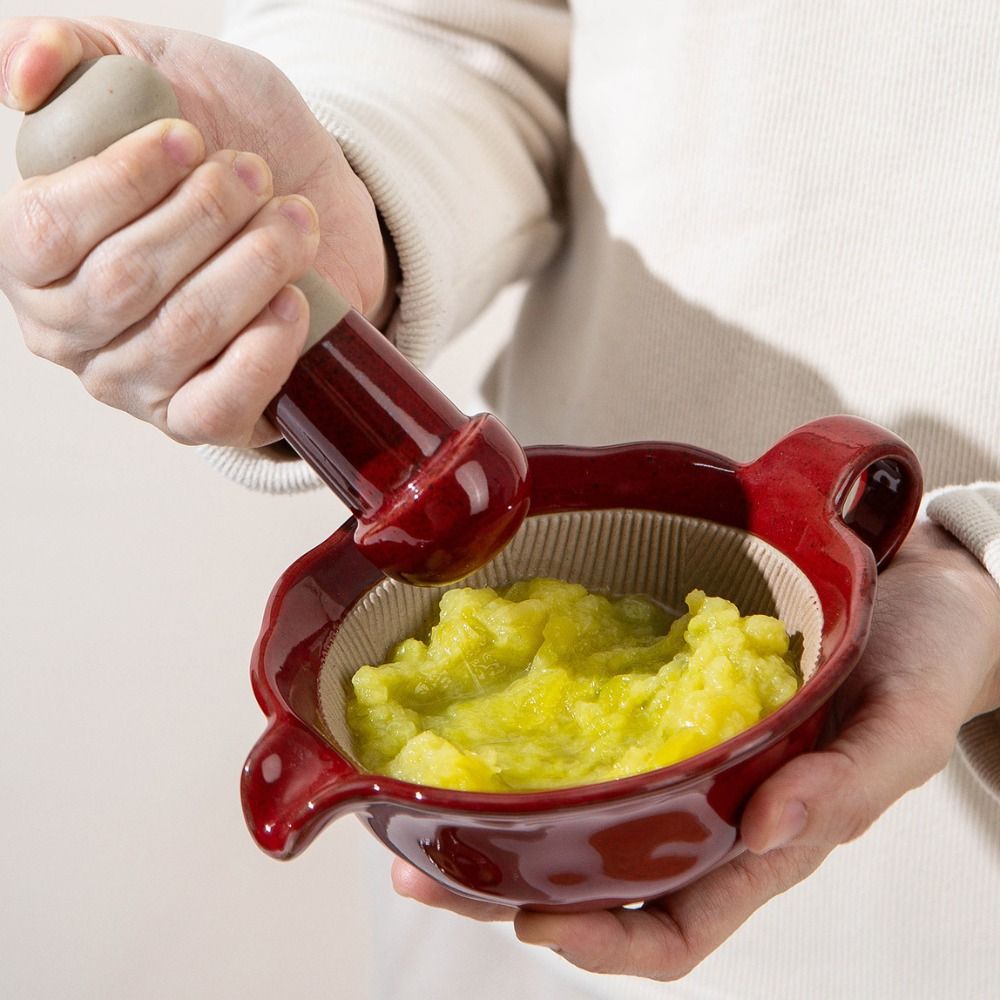 Baby Food Grinding Bowl - 手動窯焼きセラミック製粉砕ボウル ヴィンテージハンドル付きベビーフードミリングボウル 乳棒とハンドルガイド付き 給餌口付きワサビ粉砕ボウル