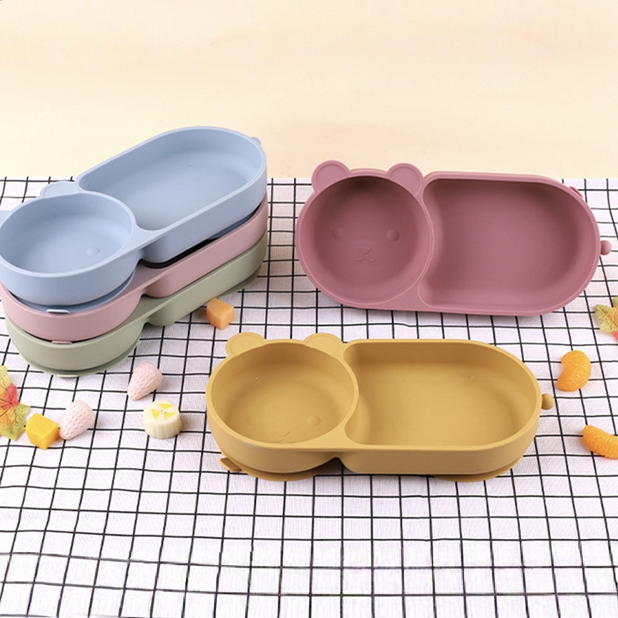 Silicone Suction Bowl - ベビーシリコーン吸盤ボウルかわいいクマのデザインマカロンカラー 100% 食品グレードのシリコーン BPA フリー食事用のダブルプレートデザイン