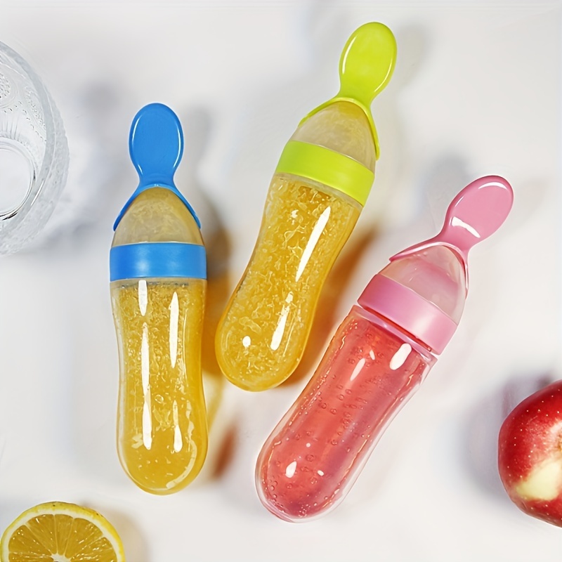 Baby Food Guide - ベビー用シリコン製哺乳瓶、スプーン付き、3オンスの食品分配スプーン、食品絞り出しスプーン、男の子と女の子の幼児に適しています