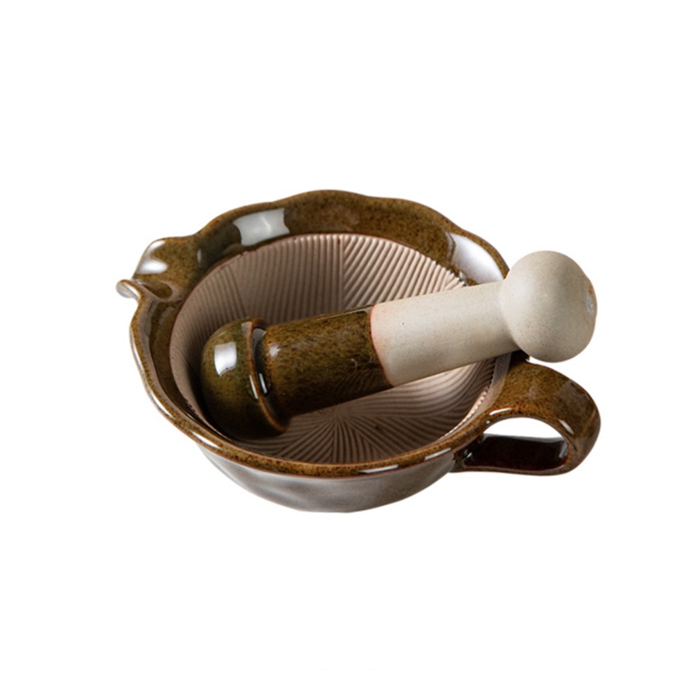 Baby Food Grinding Bowl - 手動窯焼きセラミック製粉砕ボウル、乳棒とハンドル付き、ヴィンテージベビーフードミリングボウル、ハンドルガイド付き、ガーリックグラインダー