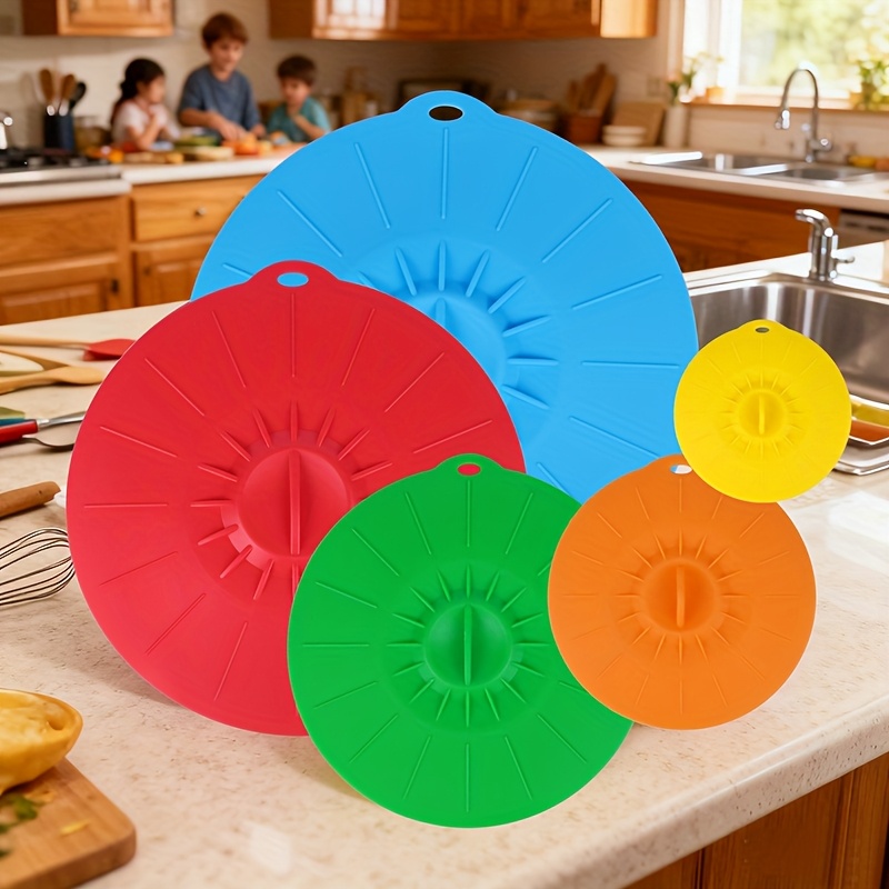 Silicone Suction Bowl - 5ピースシリコン蓋、耐熱電子レンジ用防滴蓋、シリコン鍋蓋、カップ蓋、食品保存用再利用可能なシリコン吸着蓋、ボウル、カップ、フライパン、プレート、鍋、スキレット、ストーブ、オーブン、冷蔵庫に適しています。